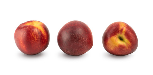 Group of three 3 nectarine fruits isolated on white background.