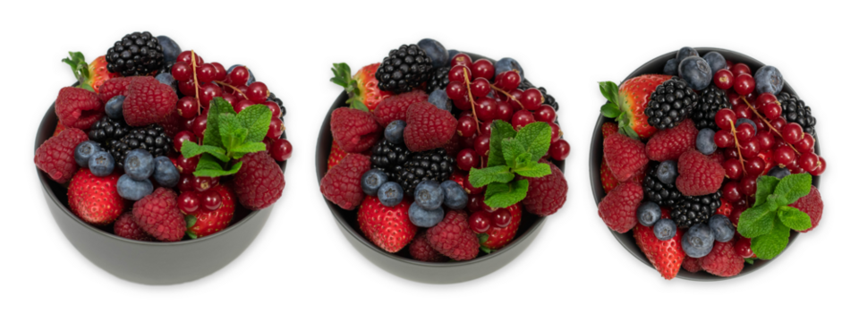 Three 3 bowls of ripe sweet different berries isolted on white. Harvest Concept. Fresh berries.