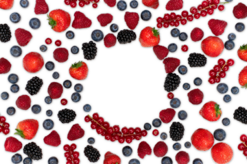 Berries pattern isolated on white. Strawberries, raspberries blackberries currants and blueberries arranged on white background with round copy space. Top view.