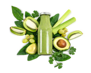 Detox cleanse drink concept, green vegetable smoothie ingredients. Natural, organic healthy juice in bottle for weight loss diet or fasting day. Isolated on white.
