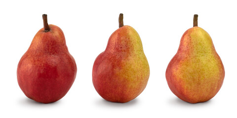 Three red and yellow pears on isolated white background. Fresh fruits.