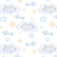 Watercolor seamless pattern with fish, balls and stars in pastel colors on white background