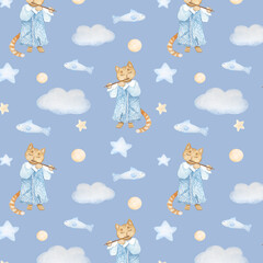 Watercolor seamless pattern with magic cat with flute, fish, balls and stars in pastel colors on blue background