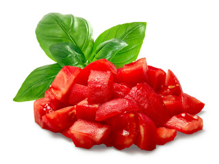 Chopped peeled tomato with basil, a  pile of, isolated png