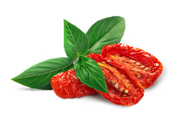 Dried or Sundried tomato halves with thai  basil isolated png - obrazy, fototapety, plakaty