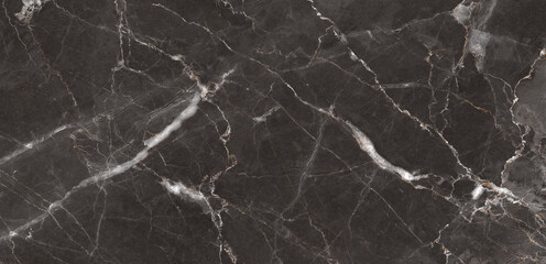 Black portoro marble stone background with white curly veins. Natural marble texture, hi-gloss premium texture of marble stone for digital slab tiles design, parking and kitchen interior decor. - 556113838