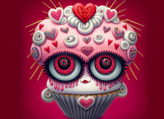 Special Valentine cupcakes for your dearest human, cute and a little bit scary cupcake, great icing on Valentine desset, Happy Valentine, illustration, generated art, digital