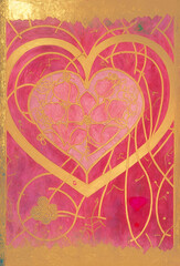 heart with ornament, pink and gold hears pattern, card, greetings, love, passion, wedding, Valentine, illustration, rendered art, generative AI