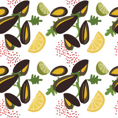 Mollusk, mussels seamless pattern with nori, salmon, sesame seeds. Background asian seafood vector illustration on white background. Seamless pattern for menu, packaging design.