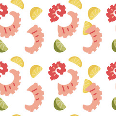 Seafood seamless pattern with octopus, lemon, lime. Background asian seafood vector illustration on white background. Seamless pattern for menu, packaging design.