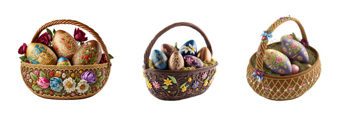 Basket with hand painted Easter Eggs on transparent or white background, ornate april holiday with Easter flowers and beautiful colors