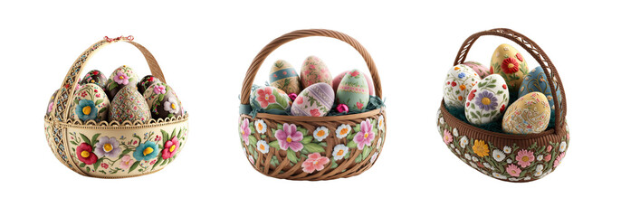 Basket with hand painted Easter Eggs on transparent or white background, ornate april holiday with Easter flowers and beautiful colors