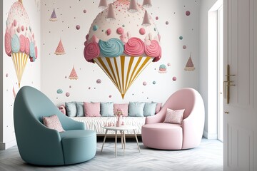 Interior of playroom with armchair, colorful chandeliers and wall decorated with stickers.