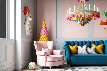 Interior of playroom with armchair, colorful chandeliers and wall decorated with stickers.