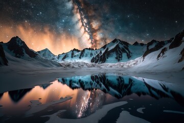 Fototapeta na wymiar Milky way over a crystalline glacier lake with craggy snow-covered mountains in the distance