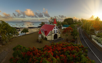 The chapel with the red roof, Notre Dame Auxiliatrice, Cap Malheureux in north Mauritius. Famoust...