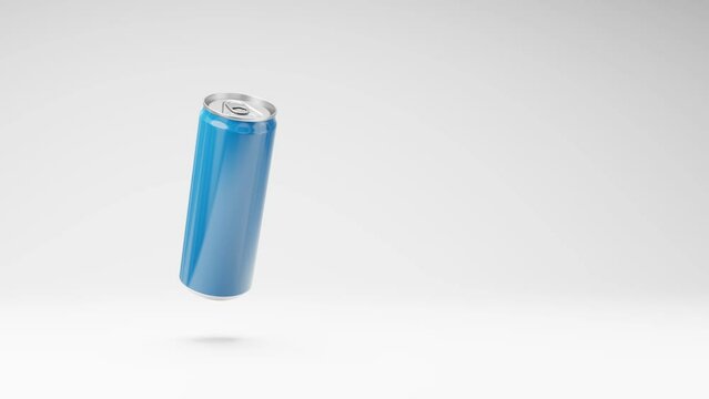 Blue Drink Can Spinning on a Studio Light Gray Background, Seamless Loop 3D Animation with Copy Space
