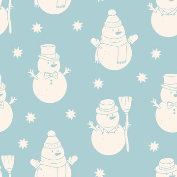 White Snowman set. Snowmen with branch arms, top hat, bow tie, beanie, scarf and broom. Winter, Merry Christmas, holiday concept. Cute characters. Hand drawn Vector seamless Pattern. Blue background