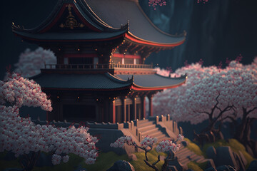 Asian temple with cherry blossom trees