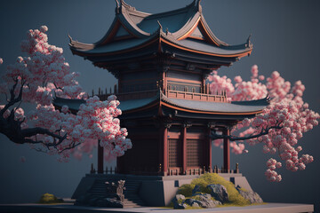 Chinese temple with cherry blossom trees