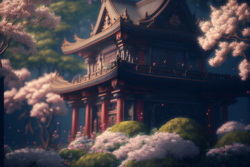 Chinese temple country with cherry blossoms and garden
