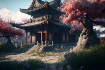 Japanese themed temple with cherry blossom zen garden