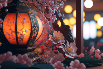 Japanese lantern in a cherry blossom temple