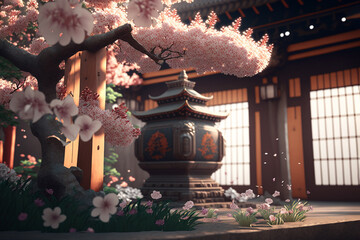 Japanese temple with cherry blossom garden