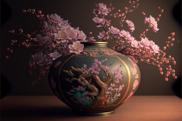 Chinese vase with pink cherry blossoms