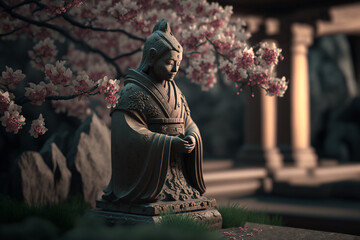 Statue of buddha in a zen garden with cherry blossoms
