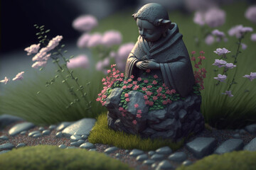 Buddha statue in zen garden with cherry blossoms