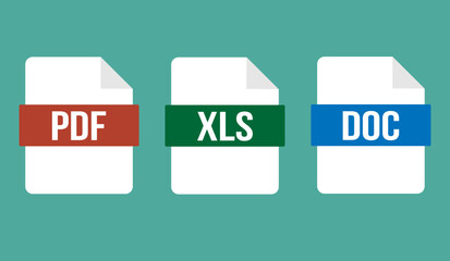 Vector DOC, PDF, XLS. Collection of file type icons. File formats isolated.