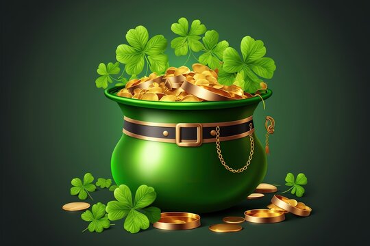 Happy St Patricks Day, pot full of golden coins, green hat and shamrock, Realistic design elements, copy space, Vector Illustration