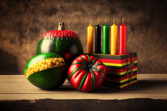 Kwanzaa holiday concept with decorate seven candles red, black and green, gift box, pumpkin,corn and fruit on wooden desk and background. stock photo Kwanzaa, Celebration, Gift, Food, Greeting