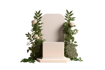 Podium for product presentation ,green plants,flowers,  white podium