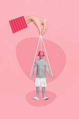 Collage 3d image of pinup pop retro sketch of arm holding ropes 14 february cupid guy isolated...