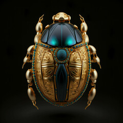 Egyptian gold and blue scarab on a black background - obrazy, fototapety, plakaty