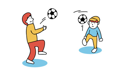 リフティングの練習をする親子のイラスト