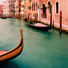 Fototapeta na wymiar AI generated image depicting the beautiful cityscape of Venice in Italy, with canals, boats, gondolas, houses, Grand Canal and Basilica Santa Maria della Salute