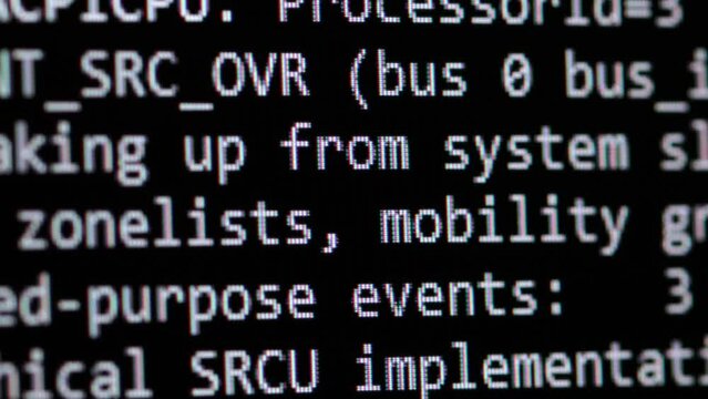 Code. Server logs on a monitor scroll by showing information related to scanning and network activity. File check and security. Concept background for video about technology and digital transformation