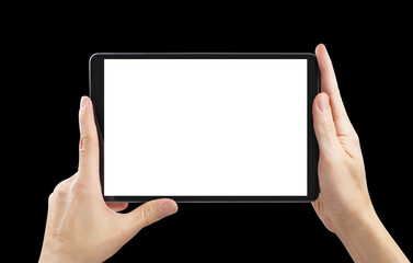 Hands holding black tablet, isolated on black background