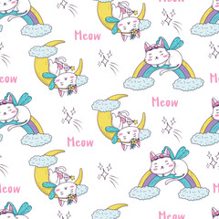 Seamless pattern with cute fairy cats sleeping on the rainbow and moon decoration for baby products.