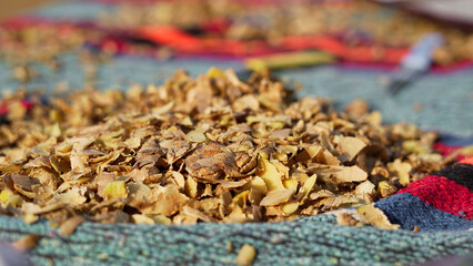 Ginger or adrak known as (Zingiber officinale). Ginger roots peeled with knife over chopping block. Top view