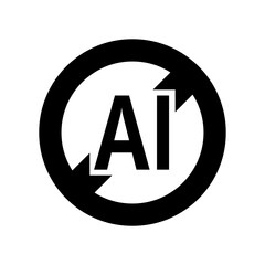 Against AI black sign isolated on white, Crossed out Vector icon Against that makes Art on one's own.