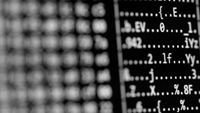 Code. Server logs on a monitor scroll by showing information related to scanning and network activity. File check and security. Concept background for video about technology and digital transformation