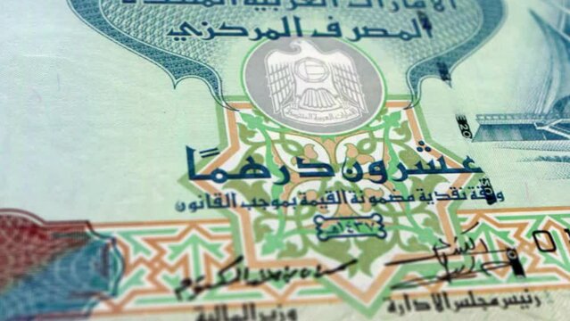 United Arab Emirates dirham 20 Banknotes, Twenty United Arab Emirates dirham, Close-up and macro view of the Arab Emirates dirham, Tracking and Dolly Shots 20 UAE Dirham banknote Observe