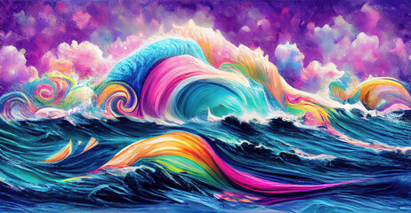 Fototapeta na wymiar Colorful rainbow waves in wild ocean as digital illustration (Generative AI)