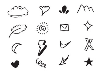 Set of cute hand drawn line scribble expression signs.emoticon effects design elements, cartoon character emotion symbols.vector illustration.
