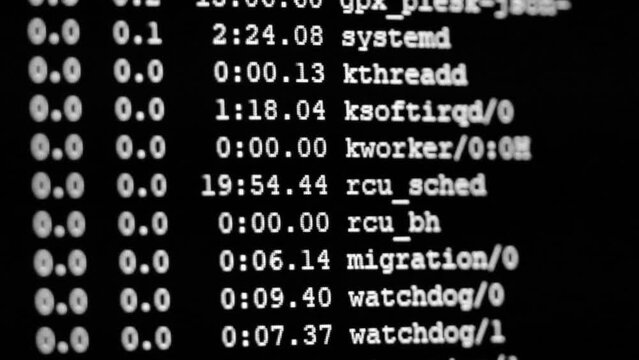 Linux system code on monitor screen. VPS based on Linux with webserver. Terminal script and processes with system administrator checking computer data process and threads. Developer jobs and Linux OS