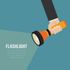 Flashlight in businessman hand and beam of light. Place for advertising and text. Handheld electric flashlight illuminates part of the room. - obrazy, fototapety, plakaty
